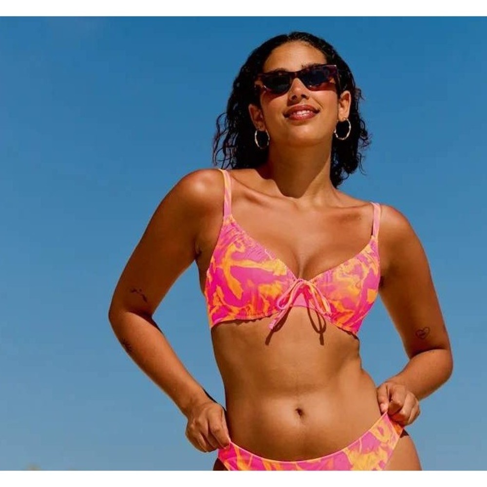 Bravissimo Copacabana Bikini Top Orange Fuchsia Print Underwire Halter Size 38FF